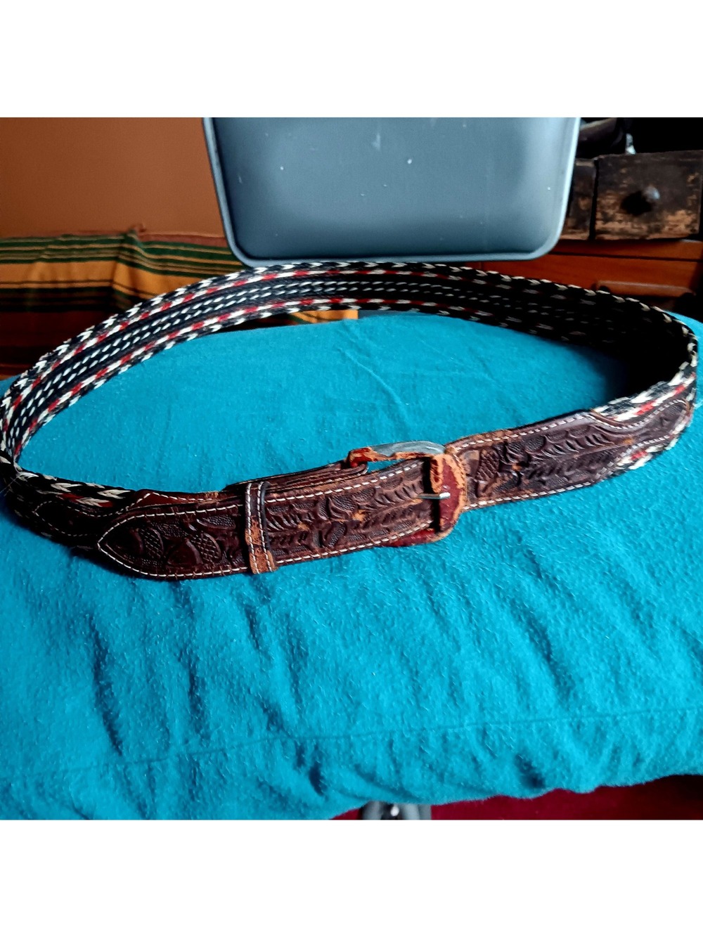 True Vintage Horsehair Woven Cowboy Belt Tooled Leather Braided Horsehair 1970s